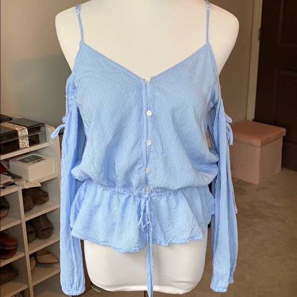 H&M Tops - H&M Blue Pinstripe Off The Shoulder Top